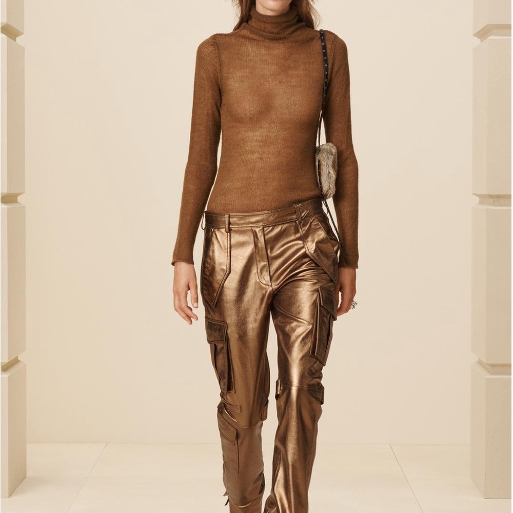 Zara Brown metallic leather  Trousers with High-Waisted Design. XS